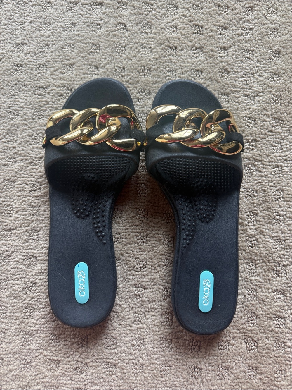 OKA b. Black Slide Sandals with Gold Chain Accent